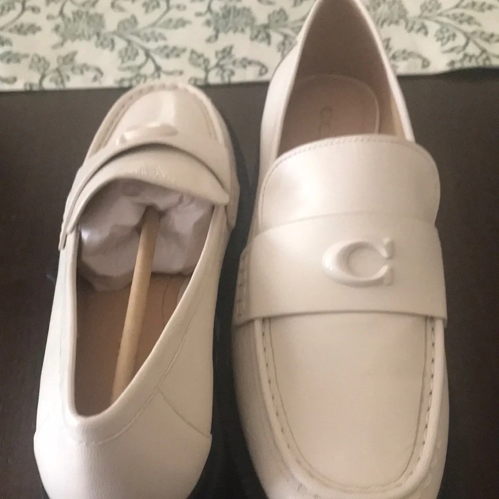 Coach White Leather Penny Loafers with Black Soles - Picture 7 of 9